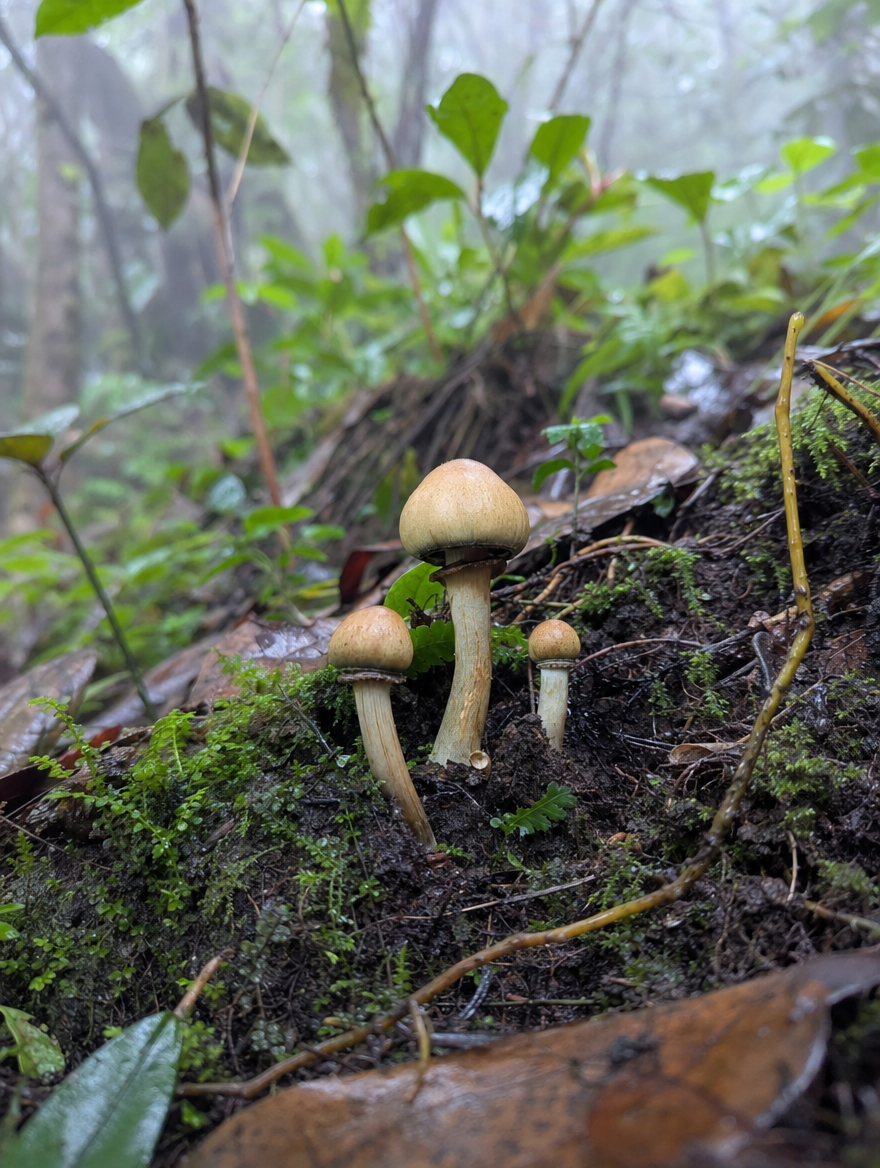 Sacred Mushrooms in Misty Forest