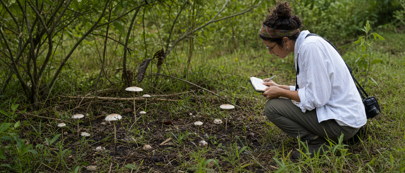 Field Researcher Observing Wild Mushrooms