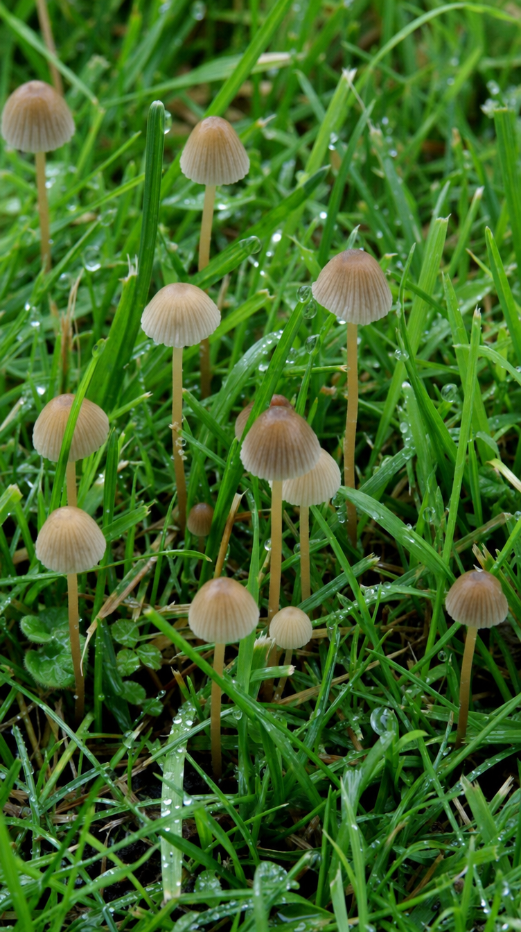 Delicate conical Conocybe mushroom in grass