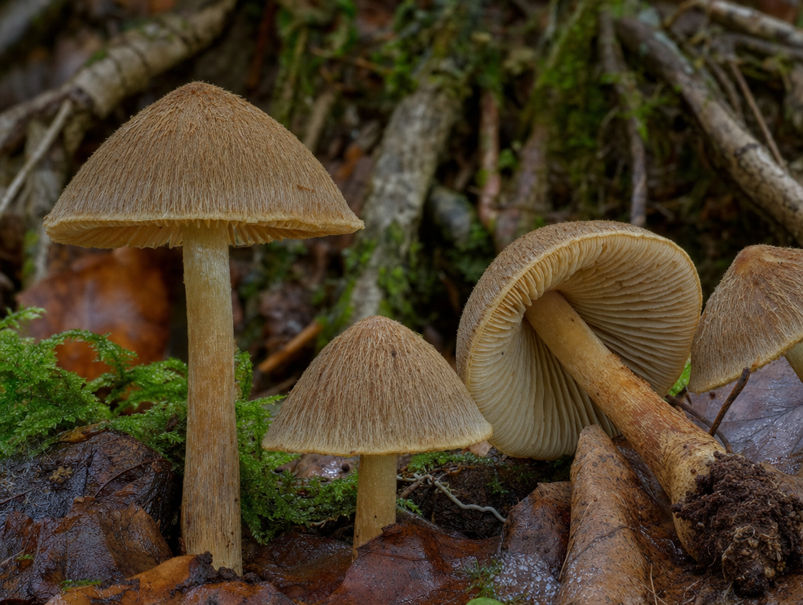 Small brown fibrecap Inocybe mushroom on woodland floor