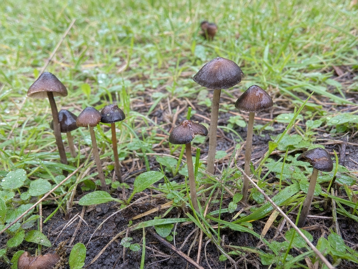 Common lawn mushroom Panaeolina among grass blades