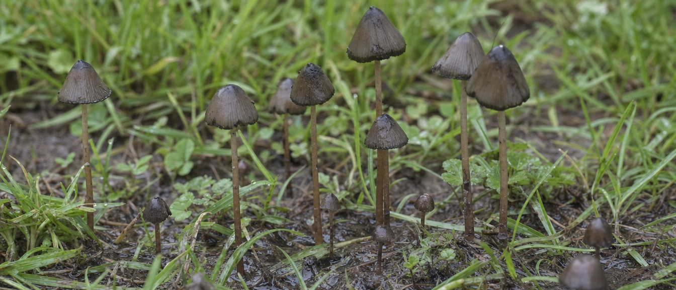 Slender Panaeolus mushrooms with mottled gills