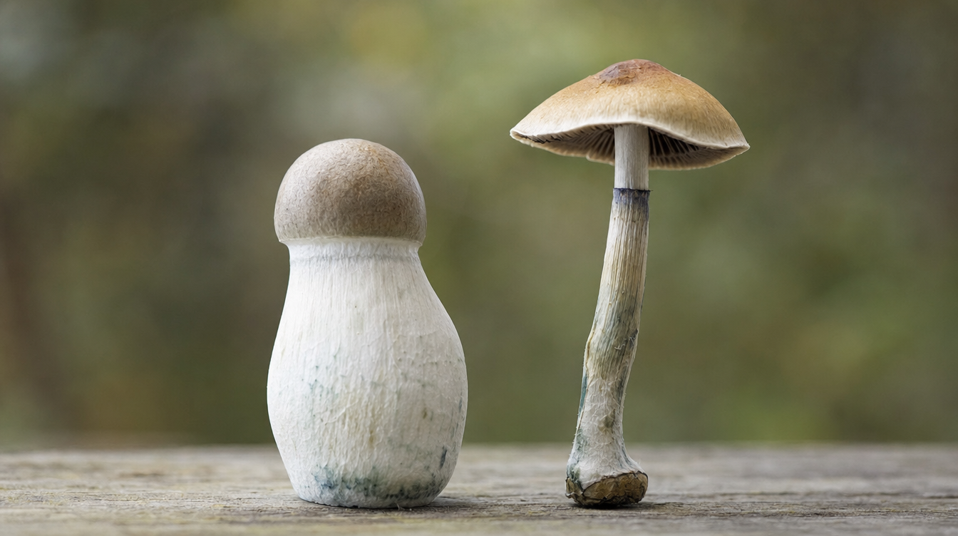 A dense cluster of heavily mutated, thick-stemmed Penis Envy mushrooms growing in a laboratory environment.