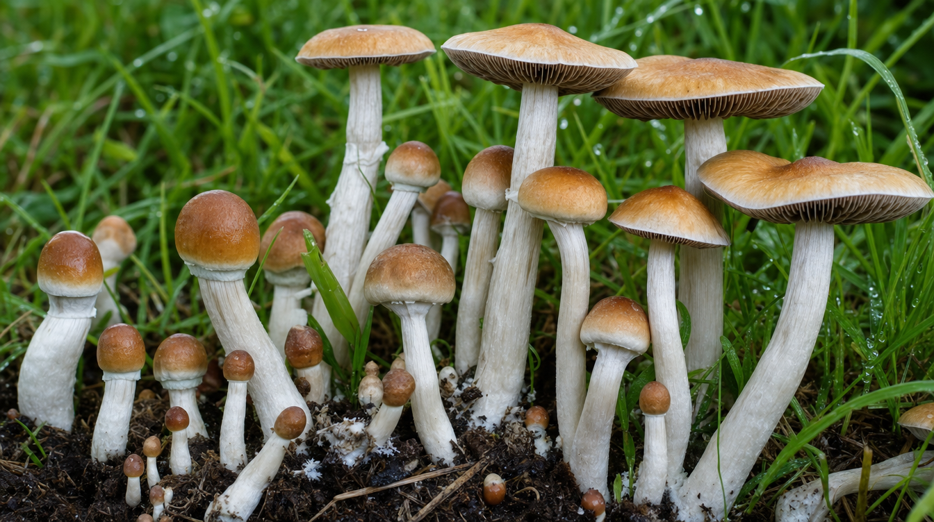 "A dense cluster of mature B+ mushrooms growing robustly with large, caramel-colored caps."