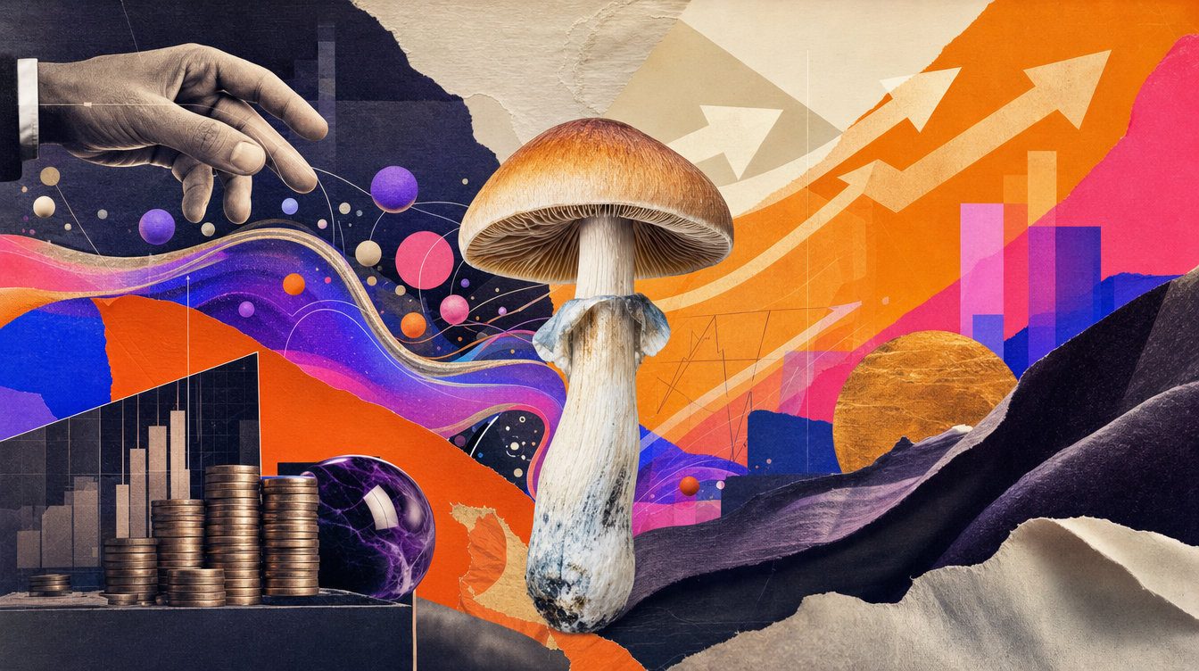 "A clean, modern laboratory bench with research notes and a stylized mushroom motif, business-like."