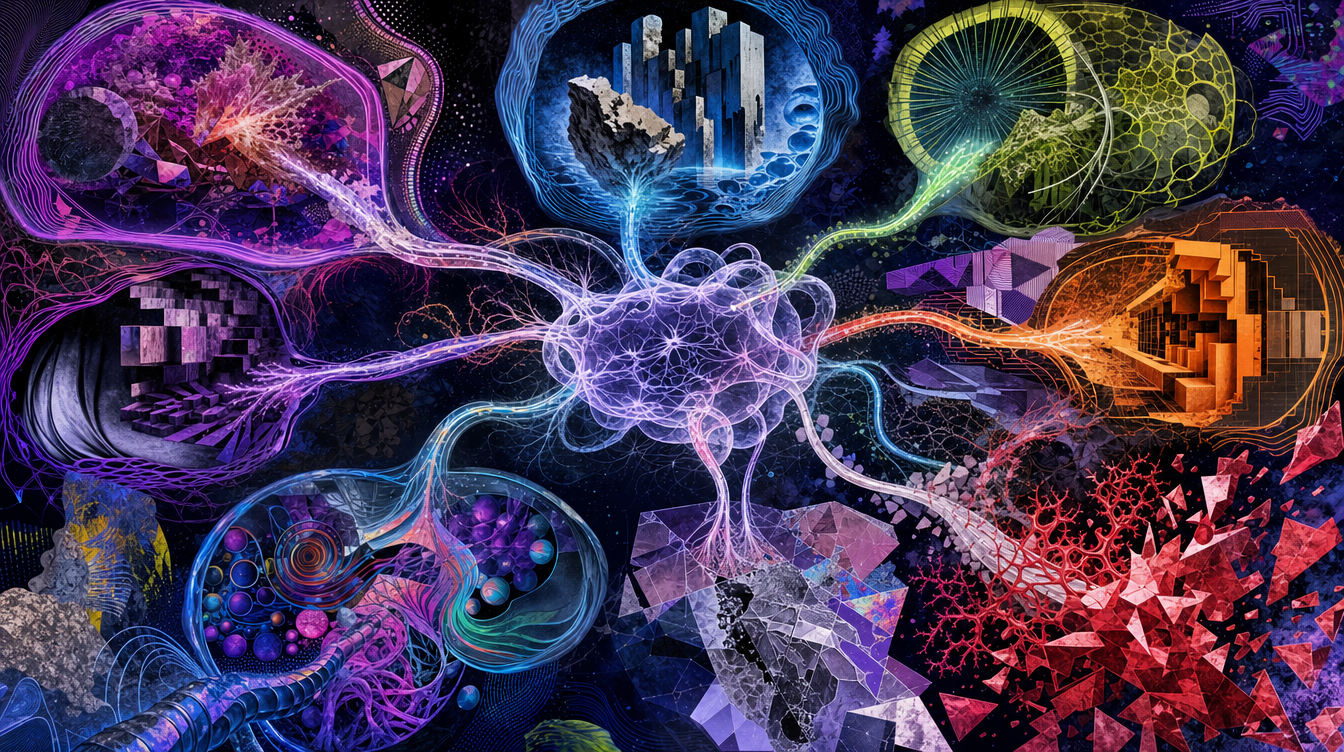 "A calm research overview board showing several areas of study, with a subtle mushroom motif."