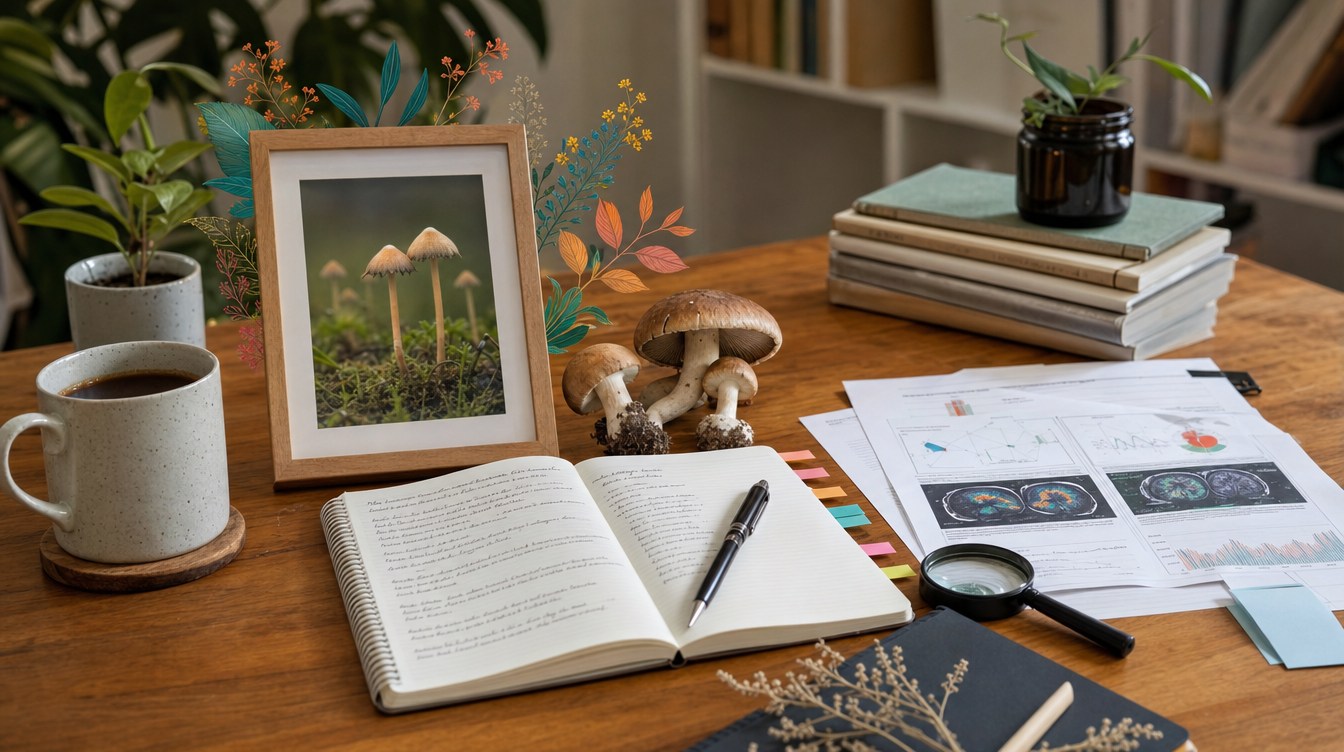 "A clean clinical research room with charts and notes, calm and methodical, a mushroom motif on a folder."