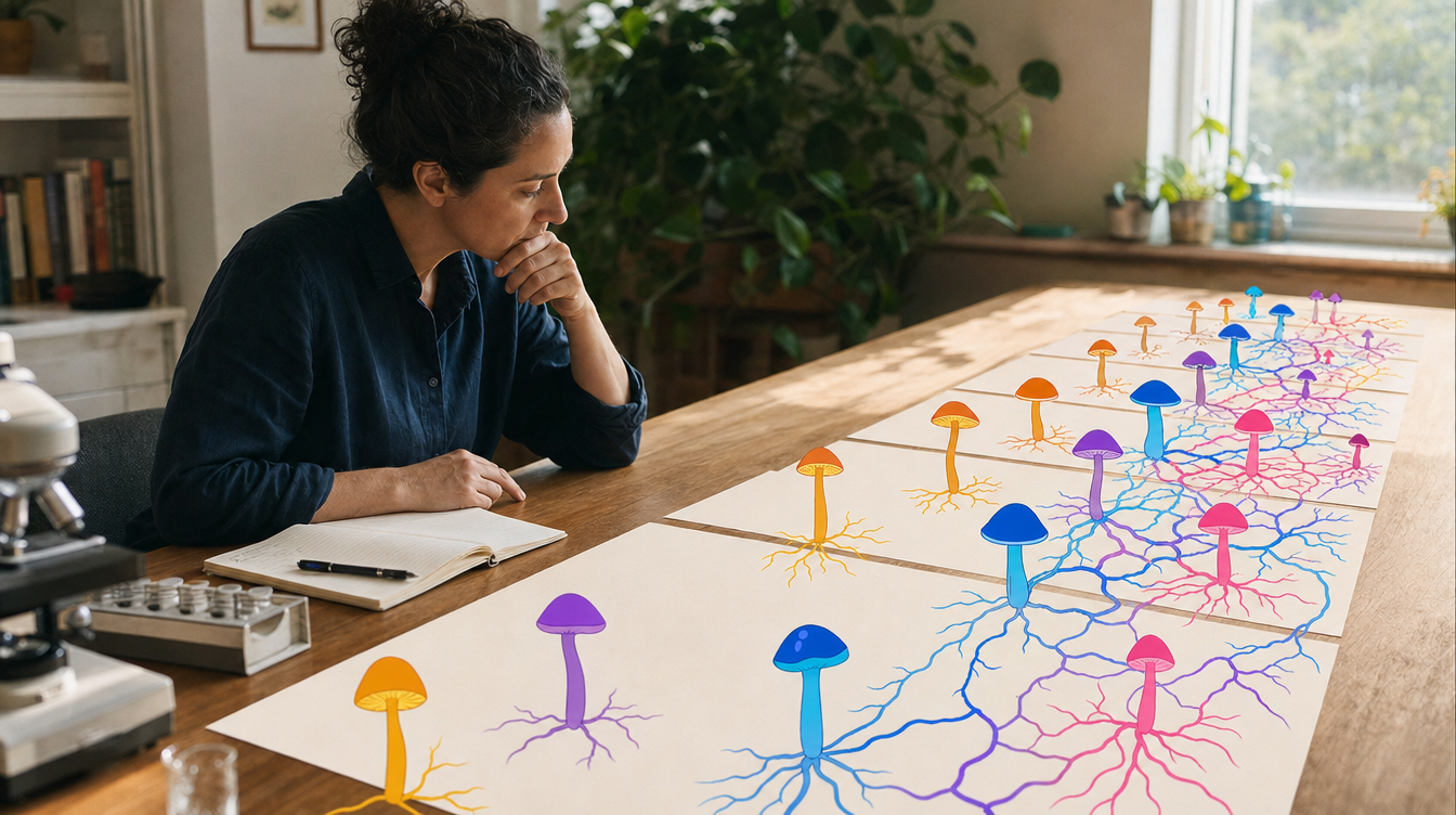 "A row of identical experiment setups repeated across a bench, suggesting replication, subtle mushroom motif."