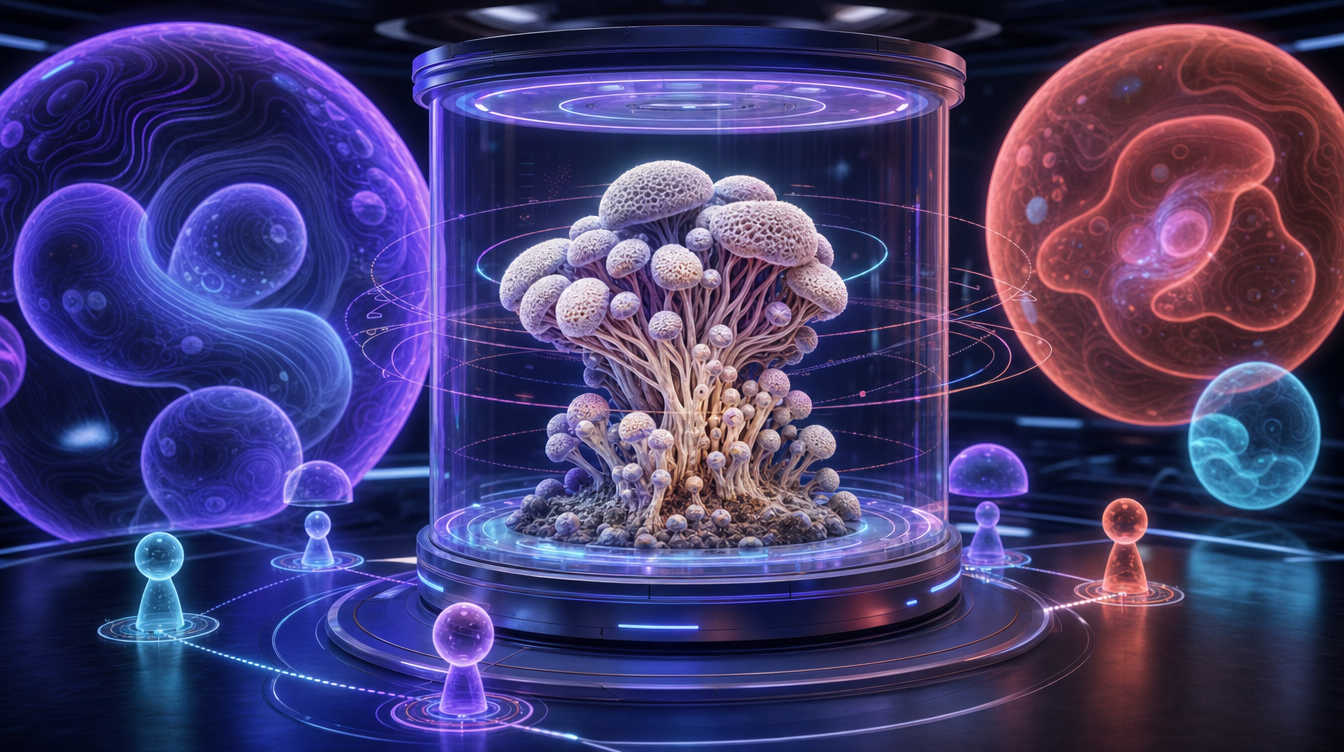 "A calm research setting with notes and a stylized mushroom motif, evoking careful study."