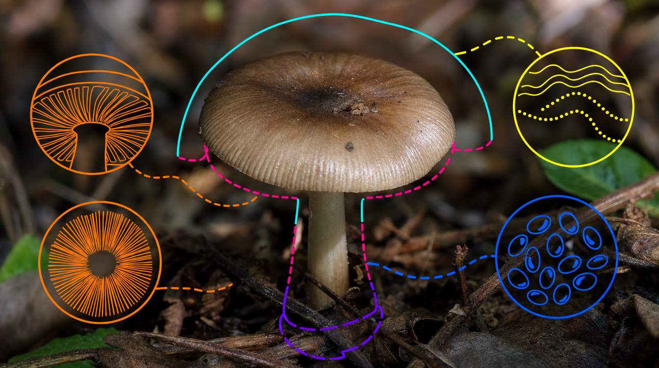 "An unidentified wild mushroom on a forest floor, photographed at a respectful distance, not being handled."